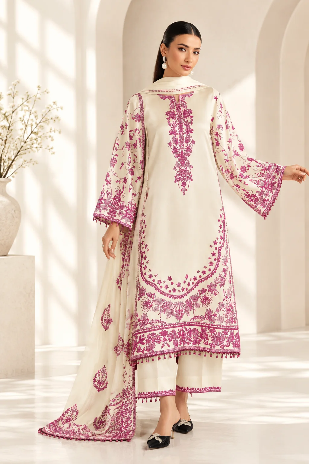 Beechtree Dhanak 3-Piece Embroidered Unstitched Suit with Digital Printed Shawl – D#332 Ivory & Pink