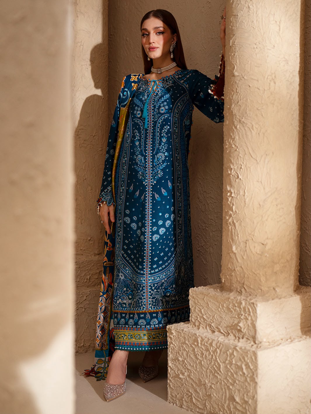 Bin Ilyas 590 Winter Airjet Dhanak 3-Piece Heavy Embroidered Unstitched Suit with Digital Printed Wool Shawl – Teal Blue