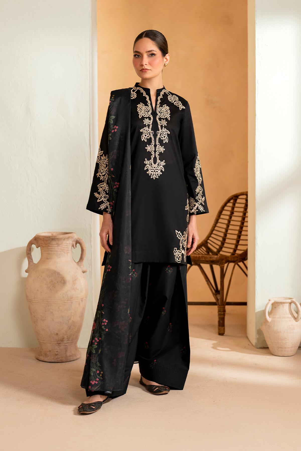 Black & Cream Floral Embroidered 3-Piece Unstitched Suit with Printed Dupatta