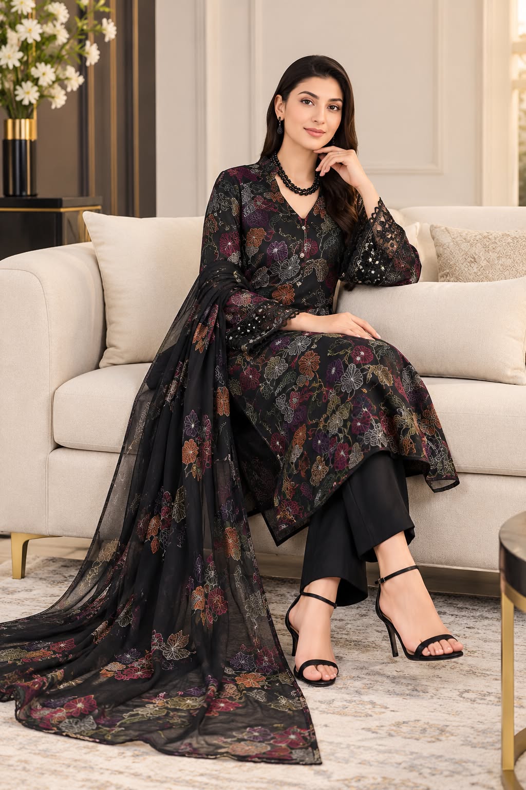 Multicolour Floral Printed & Embroidered 3-Piece Unstitched Suit with Printed Dupatta & Lace Sleeves – Black