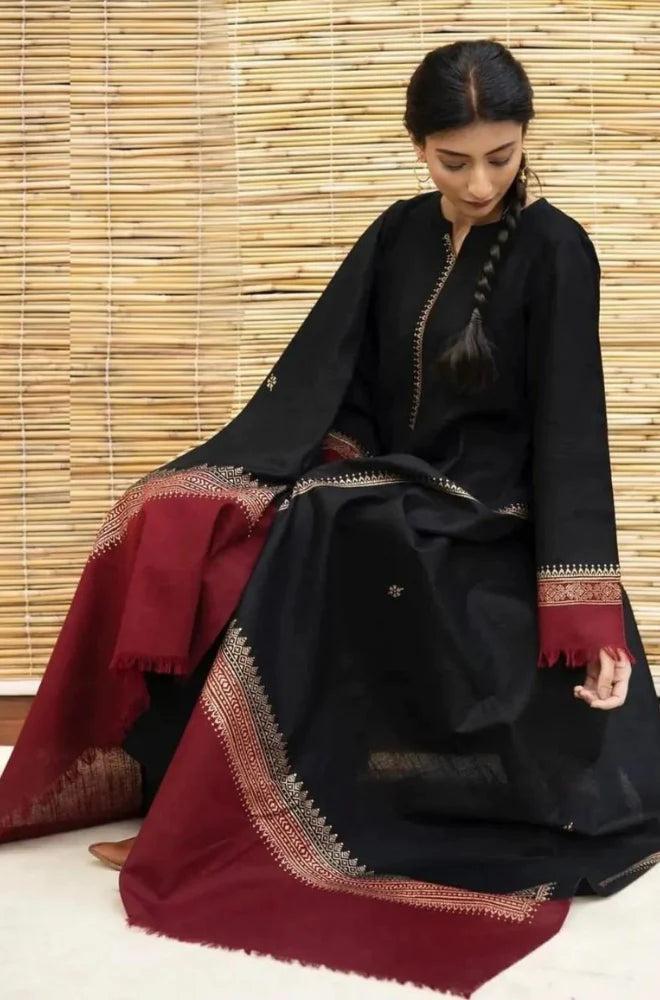 Black & Maroon Block-Print Trim 3-Piece Unstitched Suit with Fringed Shawl