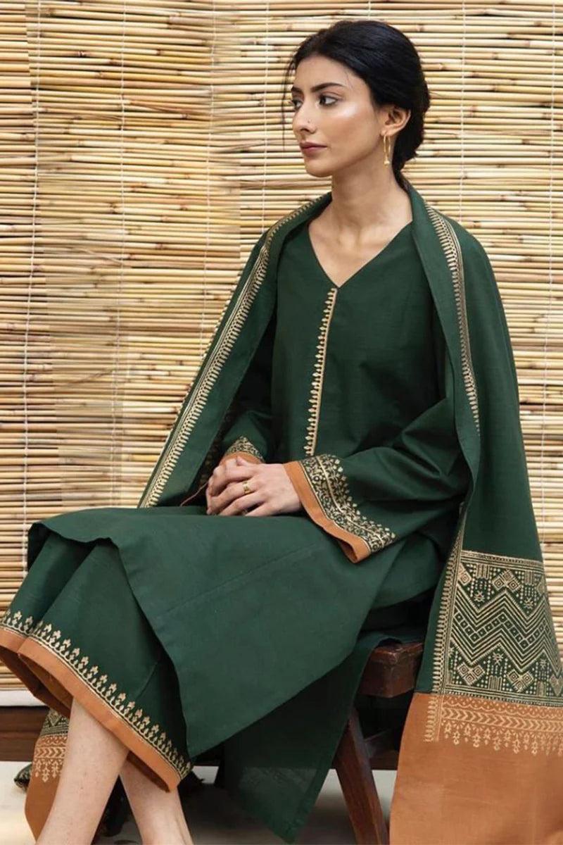 Bottle Green V-Neck Block-Print 3-Piece Unstitched Suit with Orange-Bordered Shawl