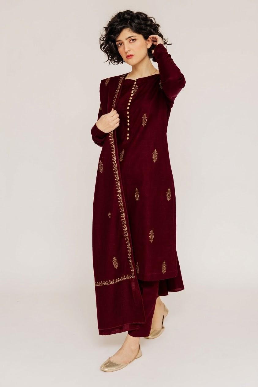 Burgundy Gold-Embroidered 3-Piece Unstitched Suit with Button Front & Bordered Shawl
