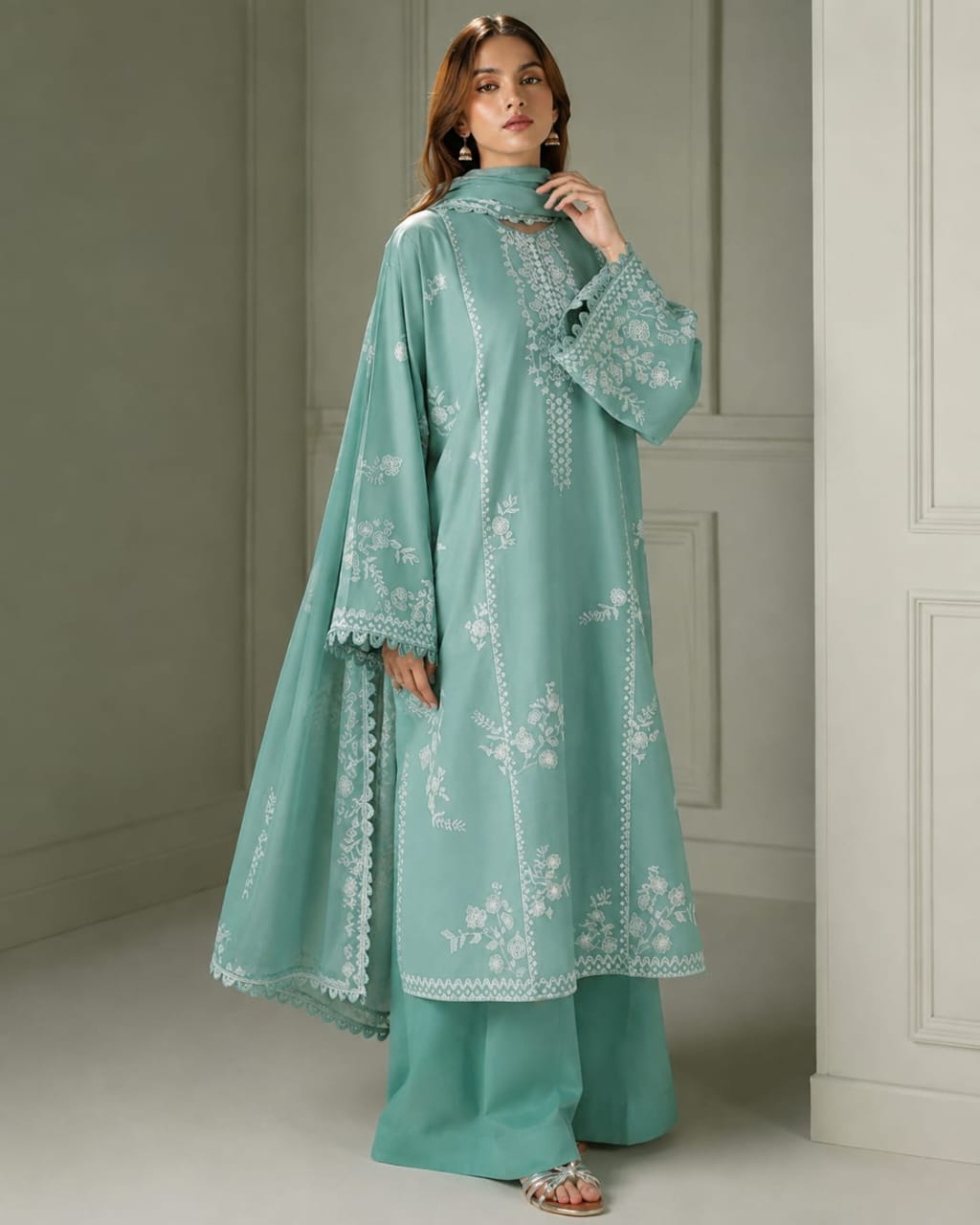 Cross Stitch Dhanak Embroidered Luxury 3-Piece Unstitched Suit with Embroidered Dhanak Shawl – Sea Green