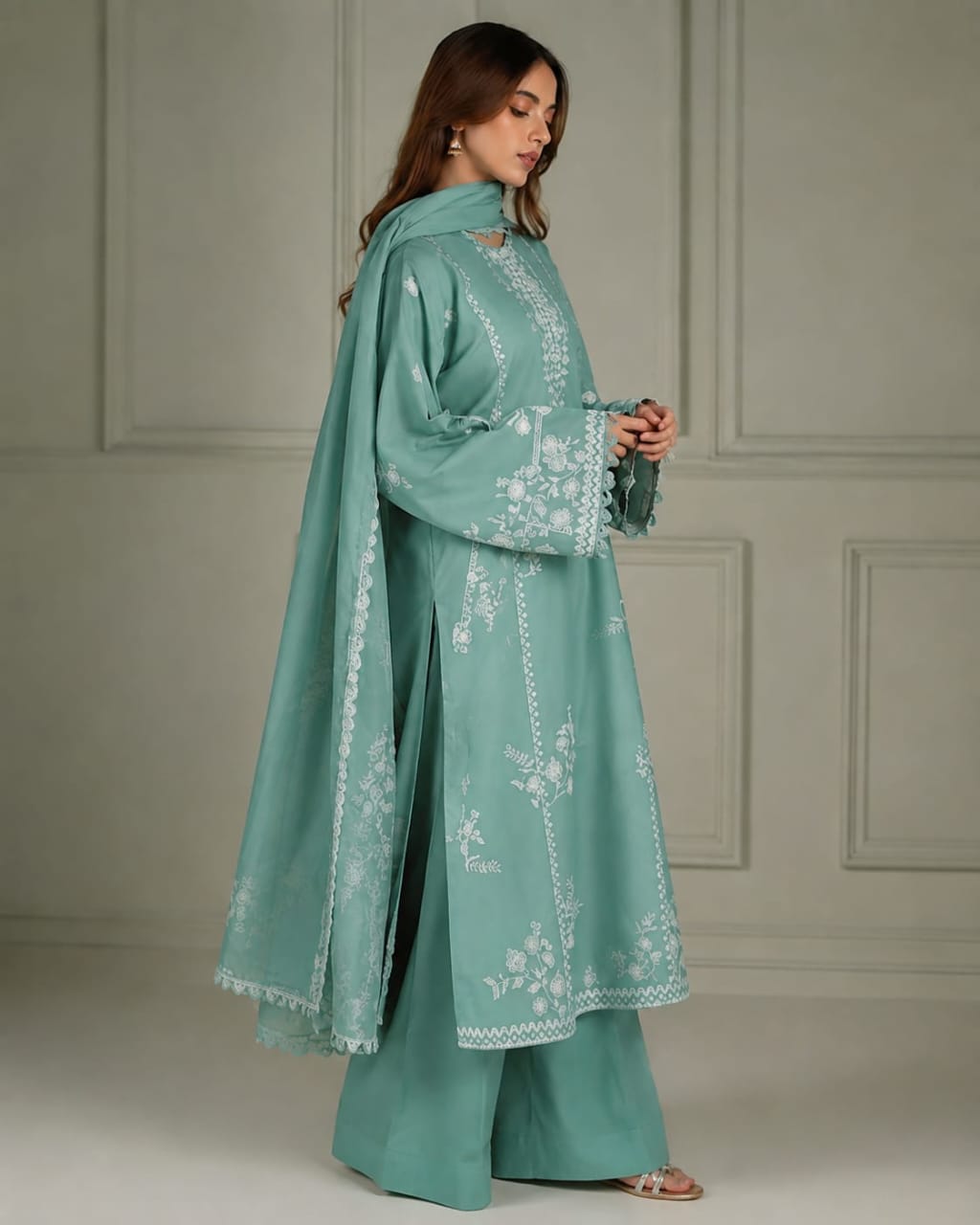 Cross Stitch Dhanak Embroidered Luxury 3-Piece Unstitched Suit with Embroidered Dhanak Shawl – Sea Green (view 2)