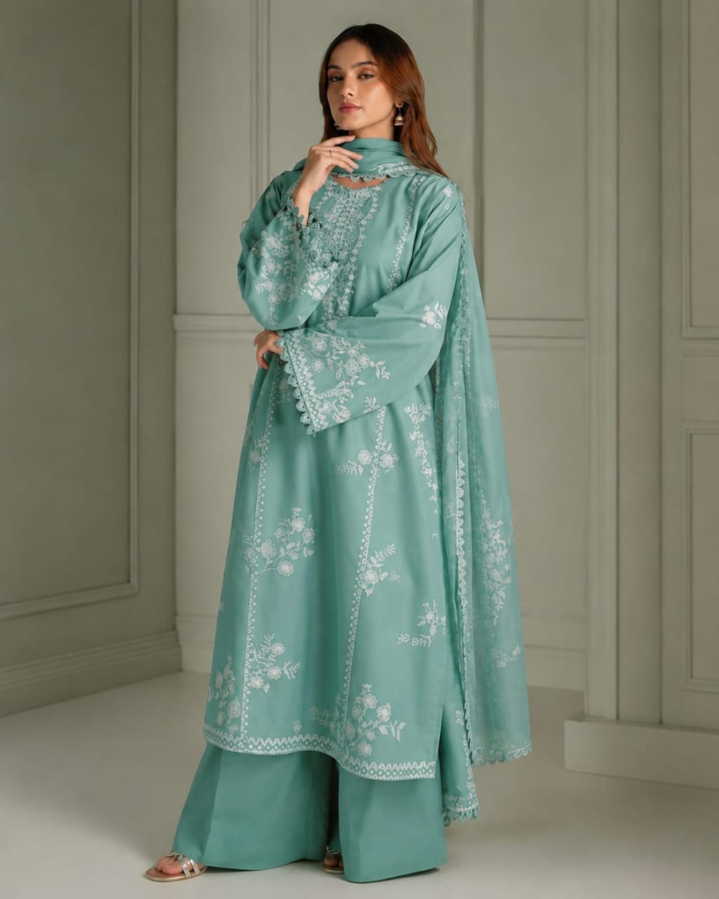Cross Stitch Dhanak Embroidered Luxury 3-Piece Unstitched Suit with Embroidered Dhanak Shawl – Sea Green (view 3)