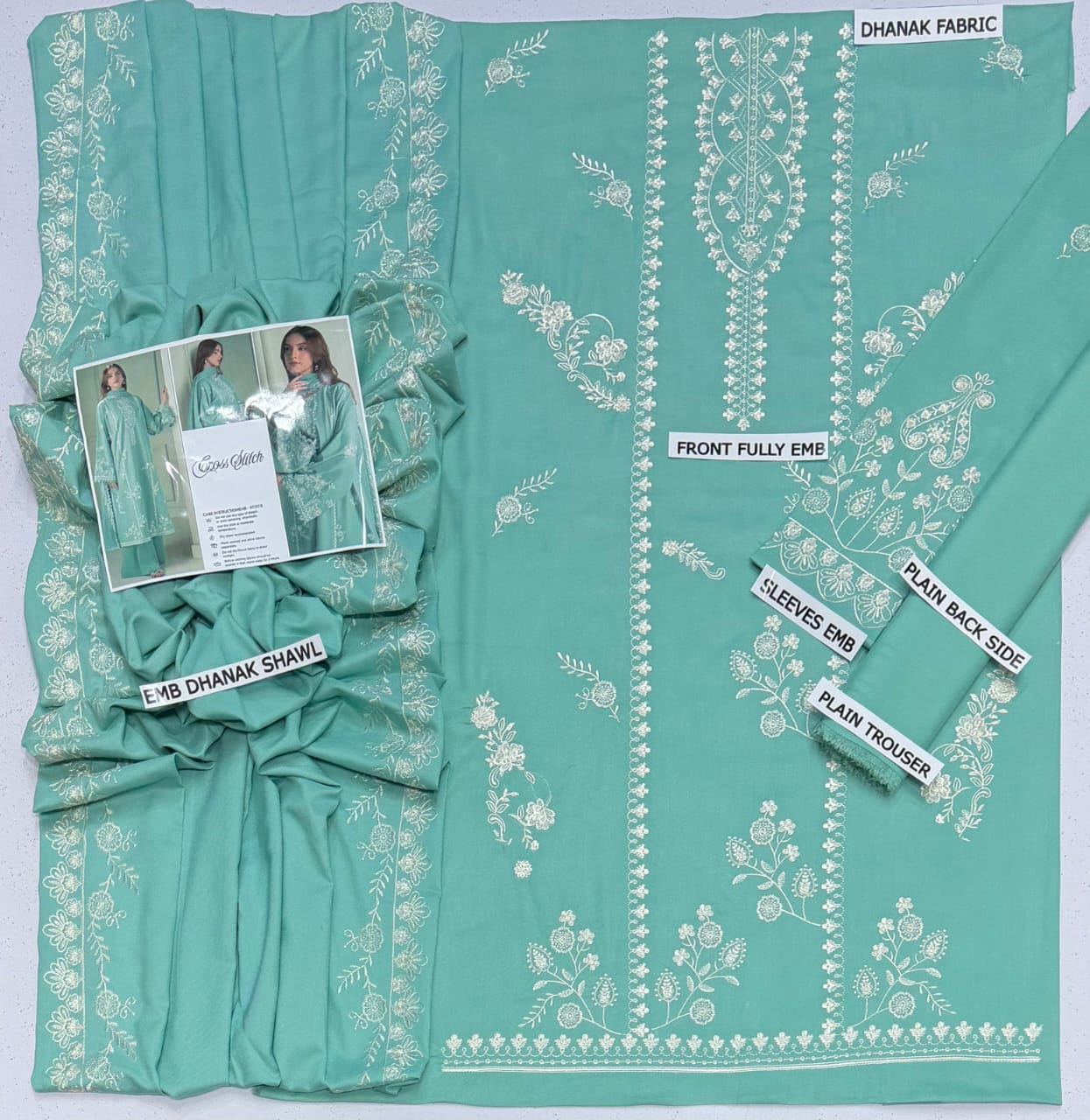Cross Stitch Dhanak Embroidered Luxury 3-Piece Unstitched Suit with Embroidered Dhanak Shawl – Sea Green (view 4)