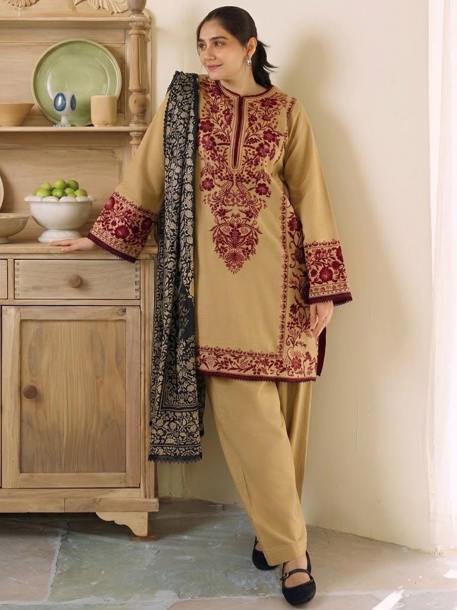 Embroidered 3-Piece Unstitched Suit with Printed Shawl – Camel & Maroon
