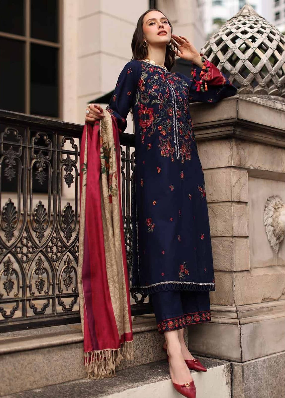 Charizma Dhanak Winter Collection 2026 Heavy Embroidered 3-Piece Unstitched Suit with Digital Printed Shawl – Navy Blue