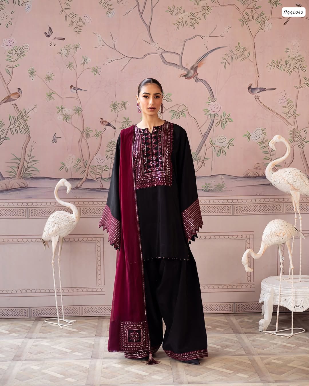 Charizma NF 1301 Luxury Dhanak Winter Collection 2026 Premium Airjet Dhanak Sequin Embroidered 3-Piece Unstitched Suit with Ready-to-Wear Heavy Embroidered Shawl – Black