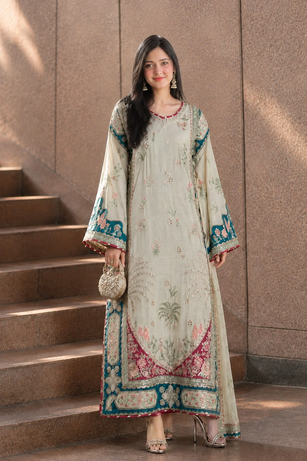 Charmoush Silk 3-Piece Heavy Embroidered Spangle Work Suit – Ivory