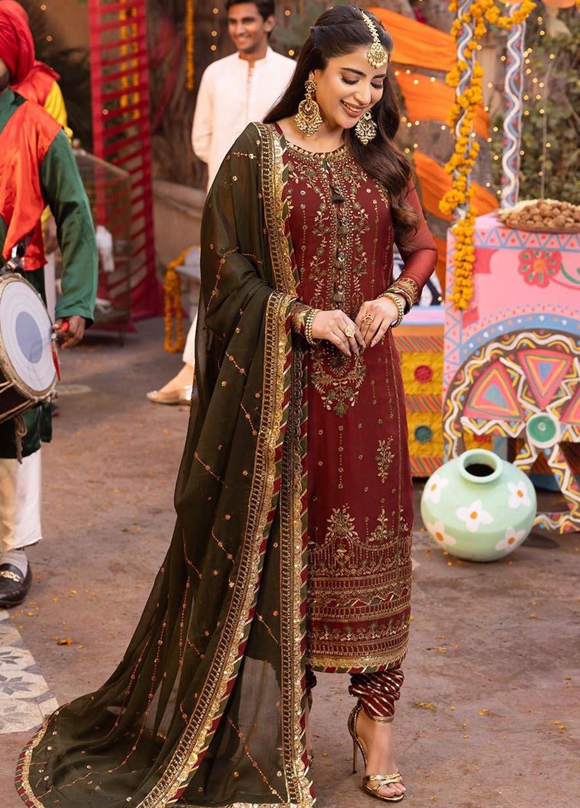 Chiffon 3-Piece Sequence Embroidered Suit with Malai Trouser – Maroon