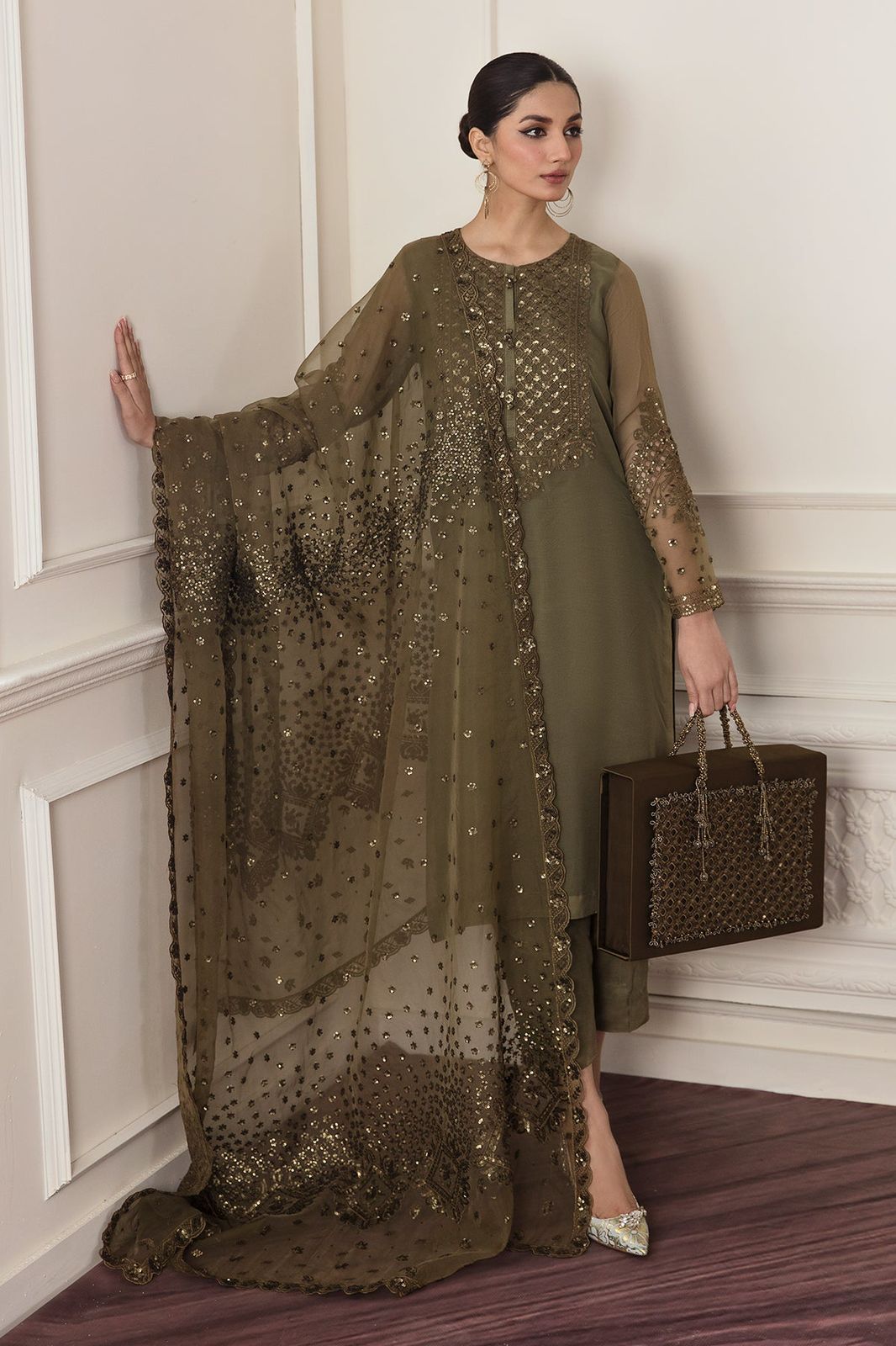 Chiffon Sequence Work Unstitched 3 Piece Suit with Organza Dupatta, Olive Green
