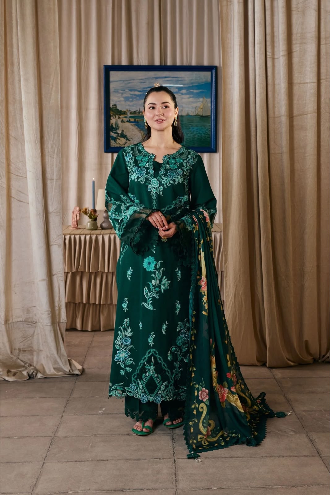 Coco by Zara Shahjahan Winter Collection 2026/27 Dhanak Heavy Luxury Thread Embroidered 3-Piece Unstitched Suit with Printed Woollen Shawl – Emerald Green