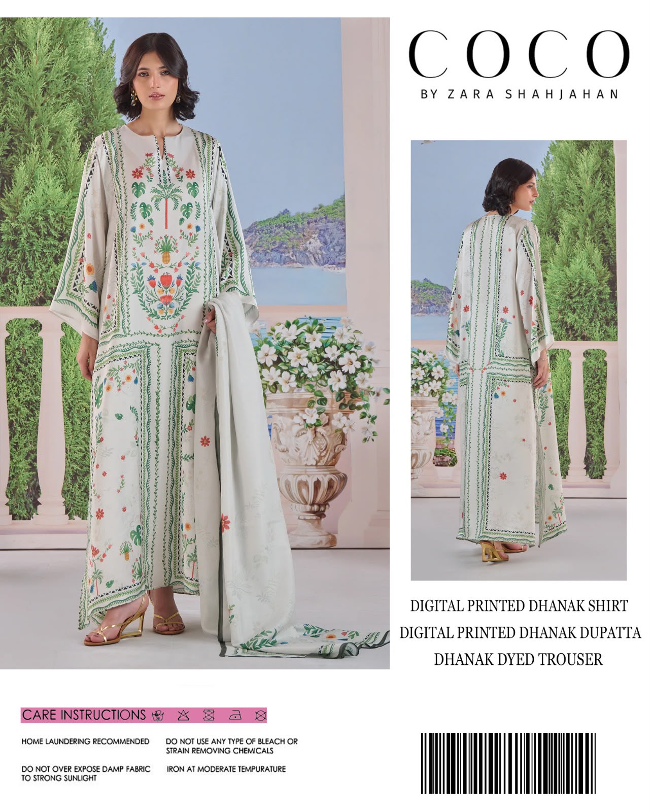 Coco by Zara Shahjahan Digital Printed Dhanak 3-Piece Unstitched Winter Suit with Botanical Print – Ivory & Green