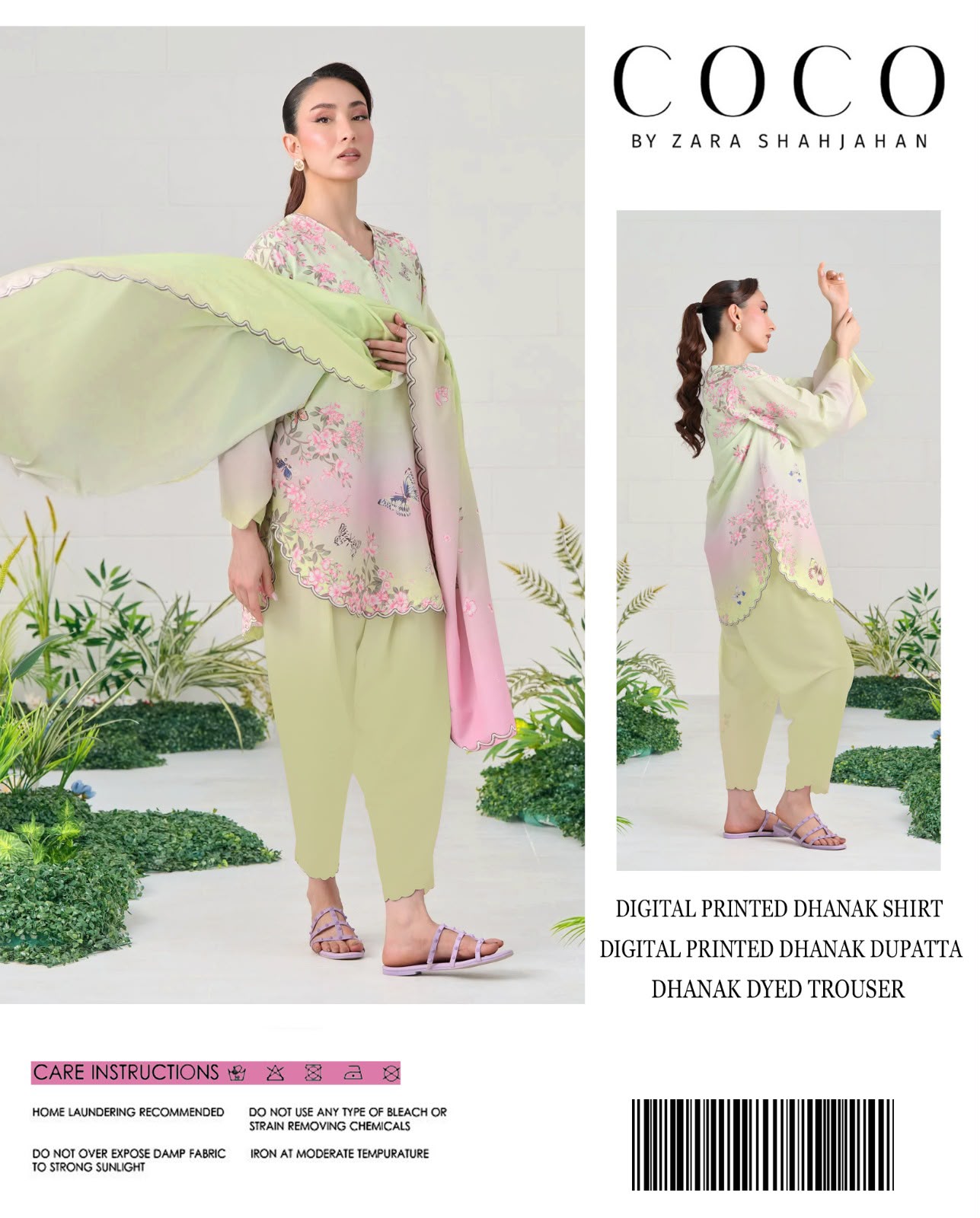 Coco by Zara Shahjahan Digital Printed Dhanak 3-Piece Unstitched Winter Suit with Scalloped Hem – Lime & Pink Ombre