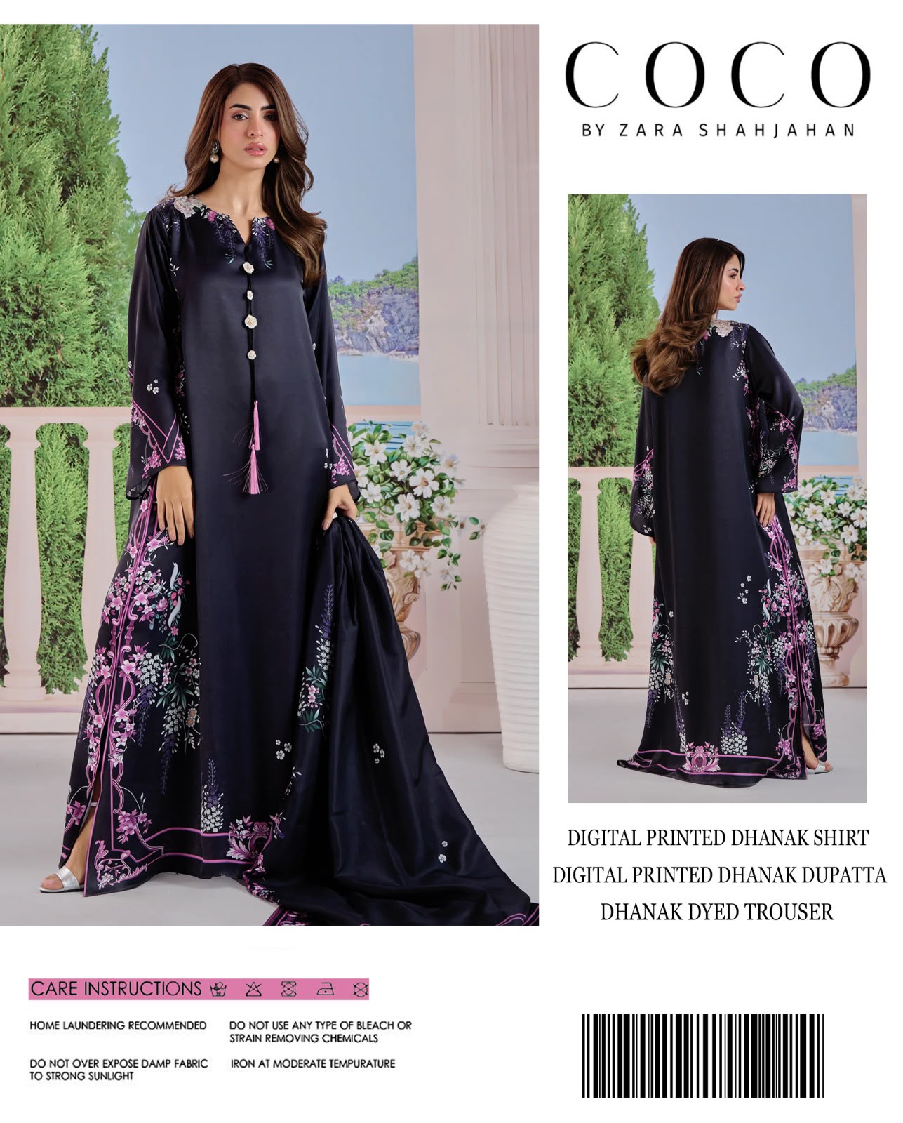 Coco by Zara Shahjahan Digital Printed Dhanak 3-Piece Unstitched Winter Suit with Tassel Placket – Midnight Navy