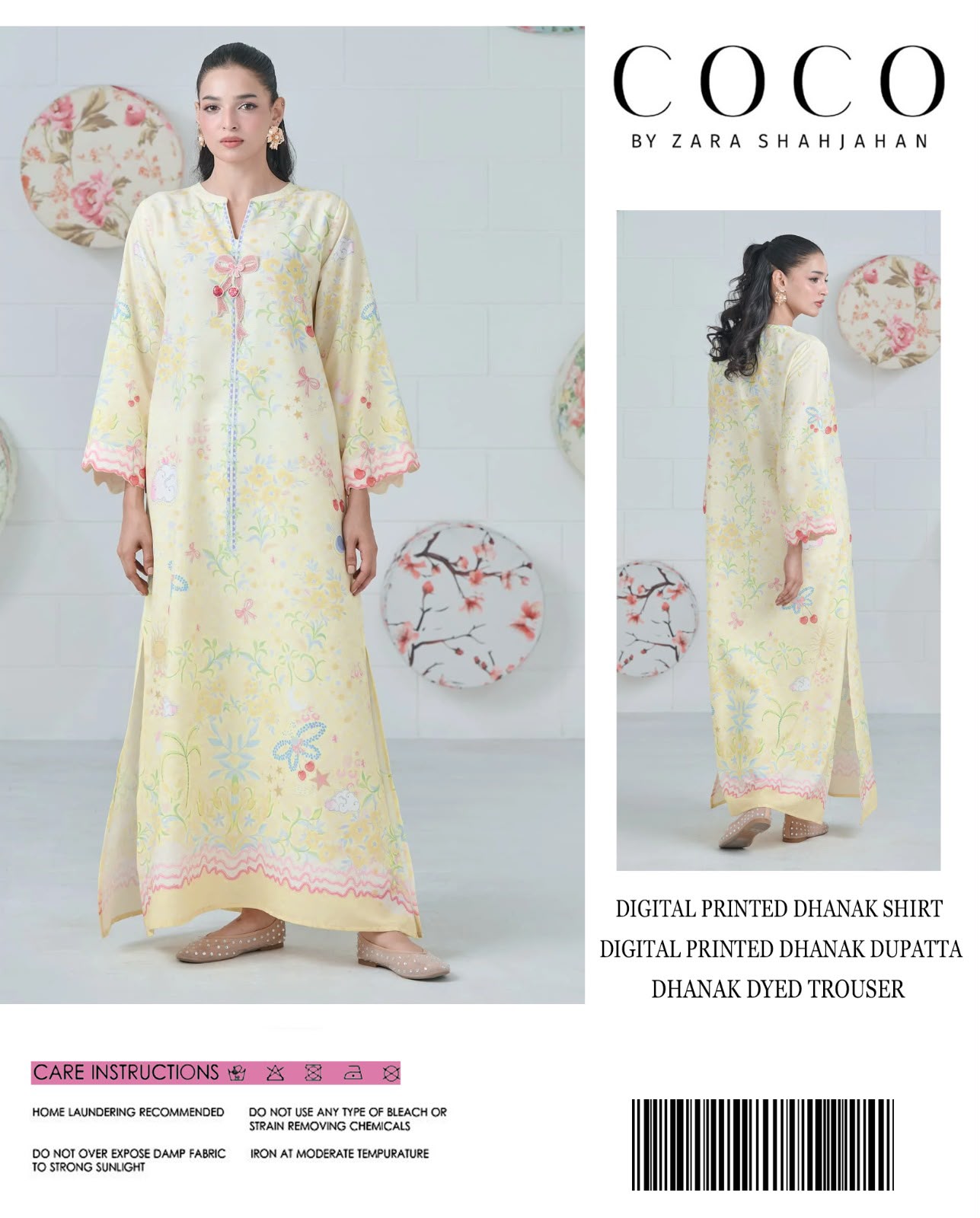 Coco by Zara Shahjahan Digital Printed Dhanak 3-Piece Unstitched Winter Suit with Bow & Cherry Print – Pale Yellow
