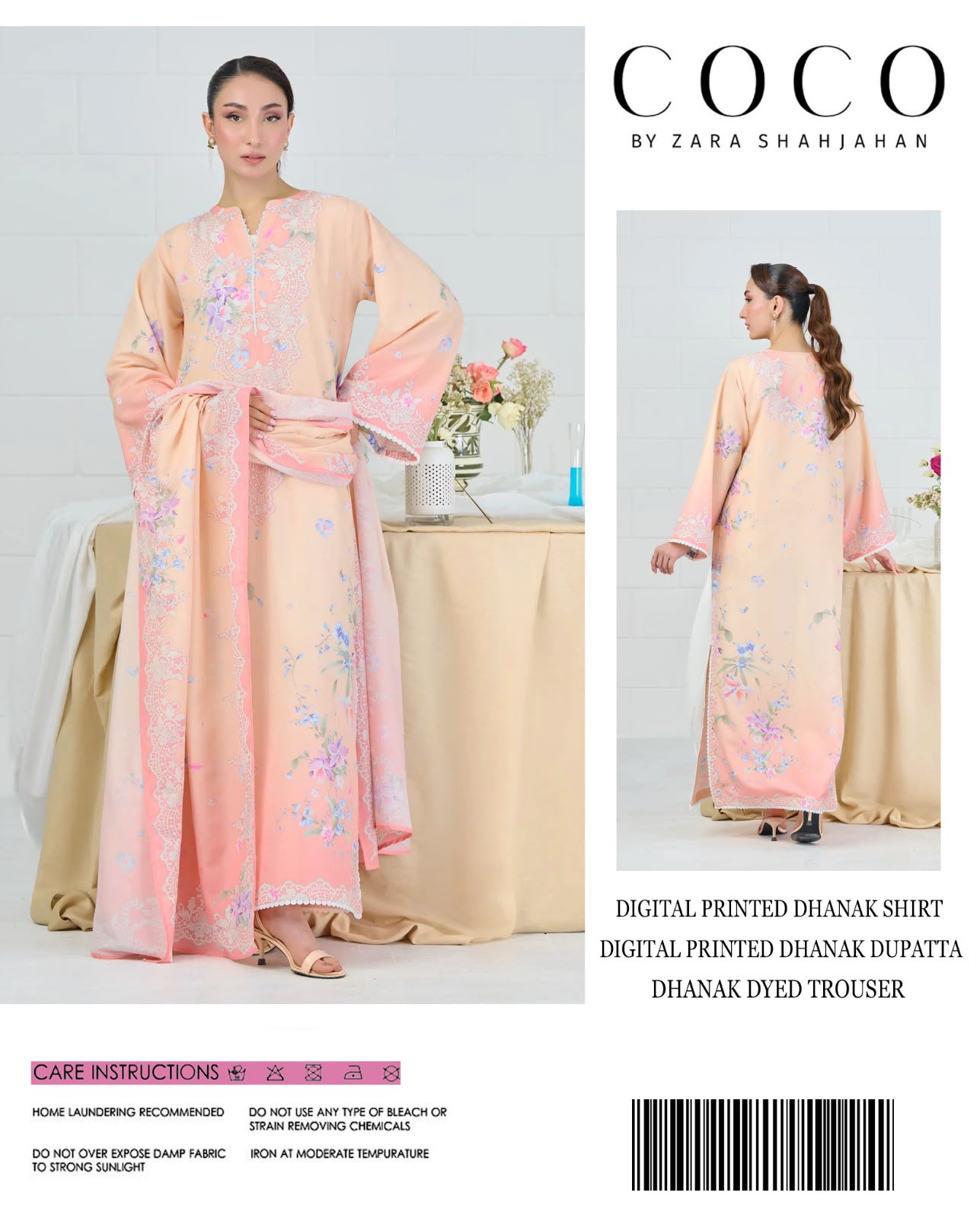 Coco by Zara Shahjahan Digital Printed Dhanak 3-Piece Unstitched Winter Suit with Lace-Style Print – Peach & Coral
