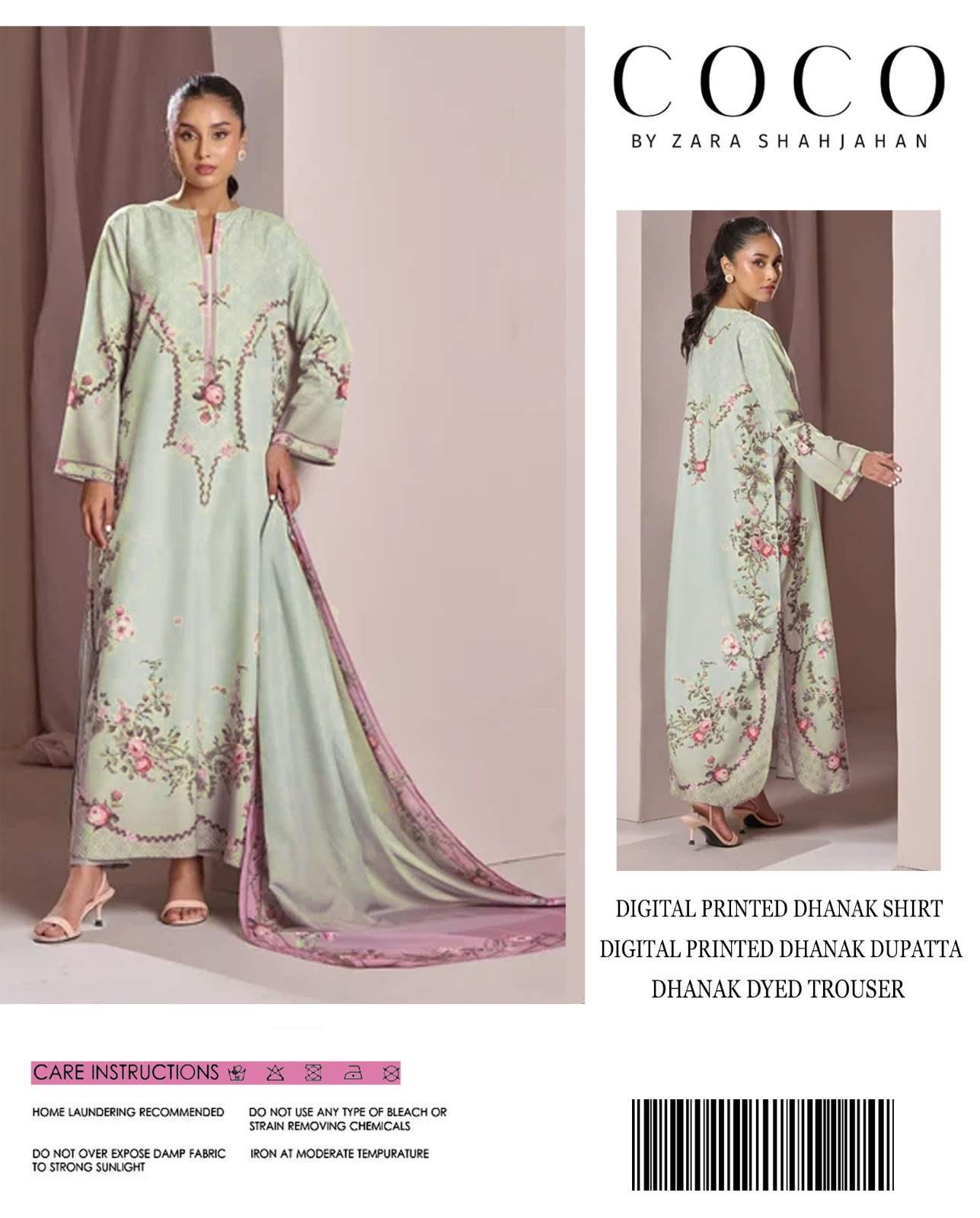 Coco by Zara Shahjahan Digital Printed Dhanak 3-Piece Unstitched Winter Suit with Rose Garland Print – Sage Green