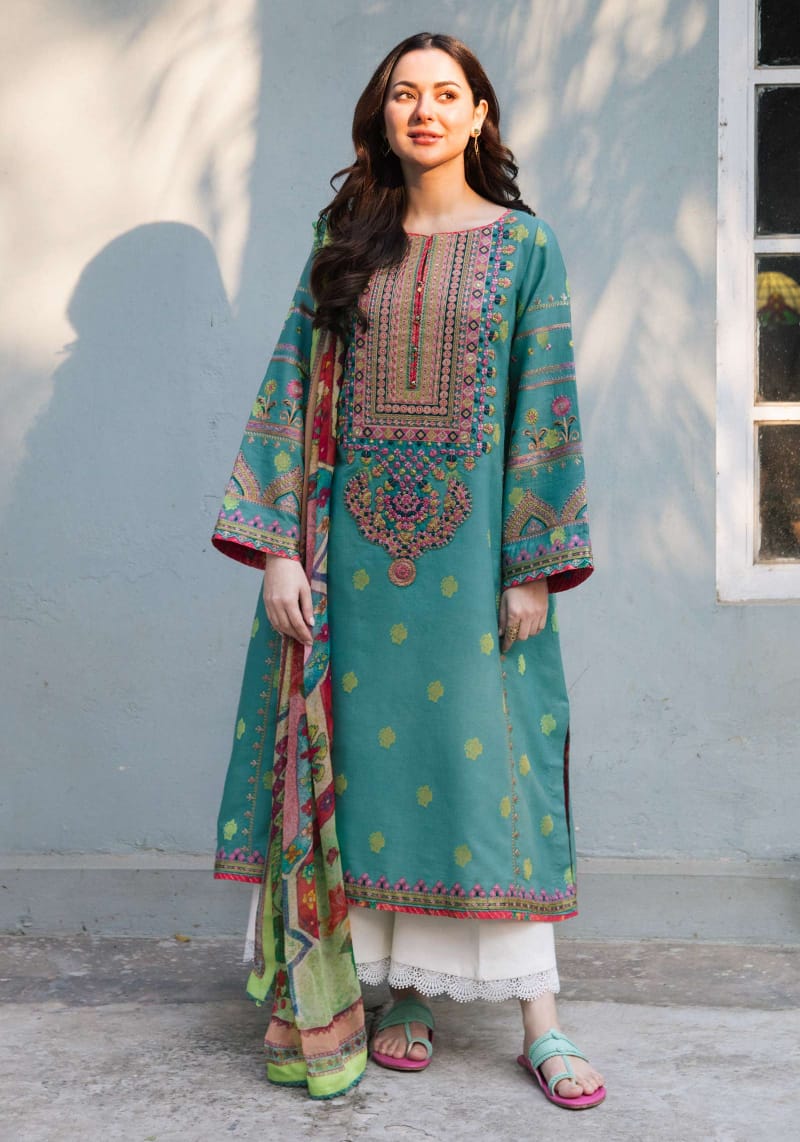 Coco by Zara Shahjahan Winter Dhanak 3-Piece Heavy Embroidered Unstitched Suit – ESF-27333 Teal