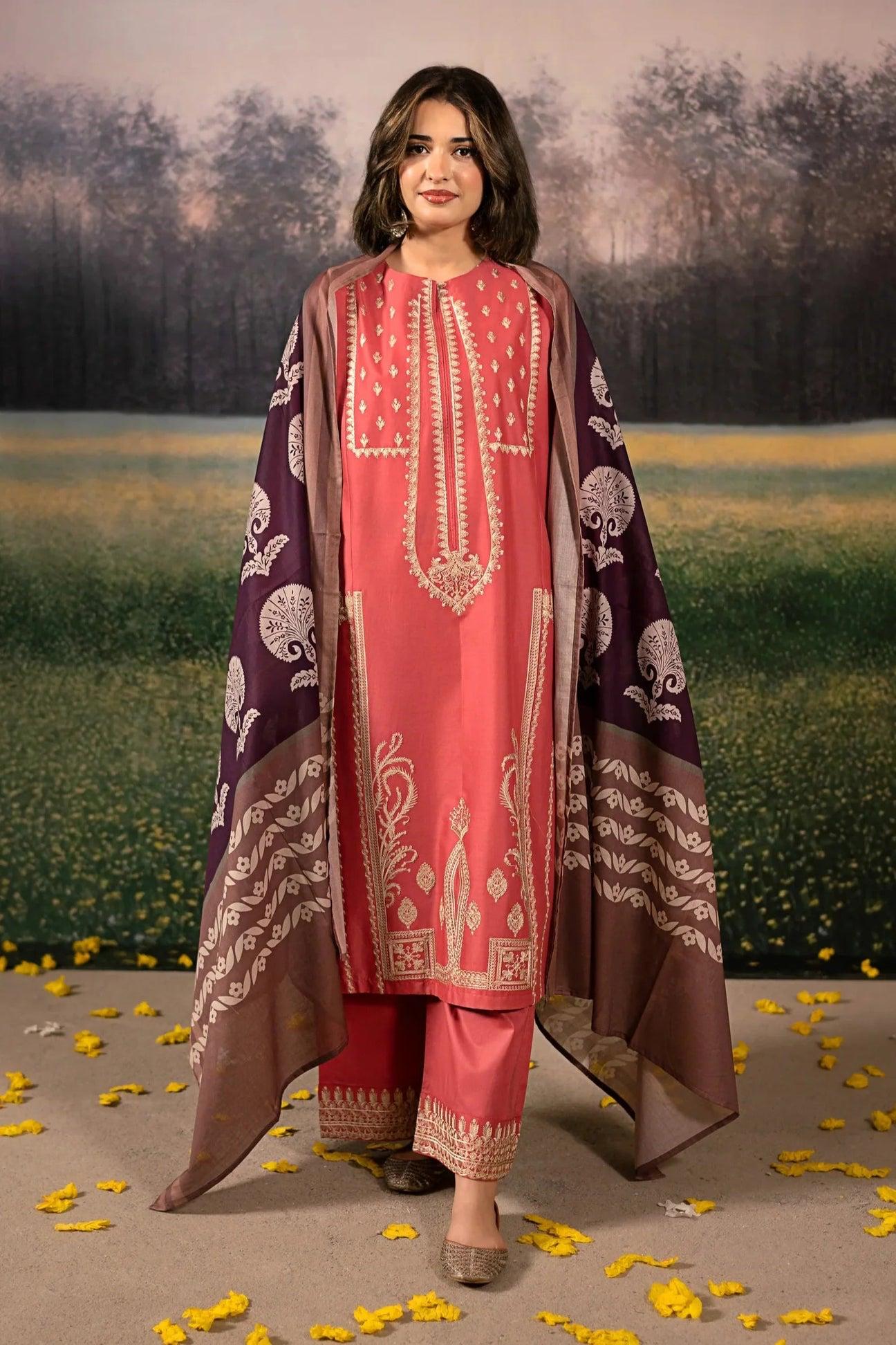 Coral Pink Embroidered 3-Piece Unstitched Suit with Plum Printed Shawl