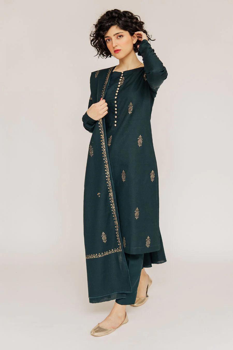 Dark Teal Gold-Embroidered 3-Piece Unstitched Suit with Button Front & Bordered Shawl