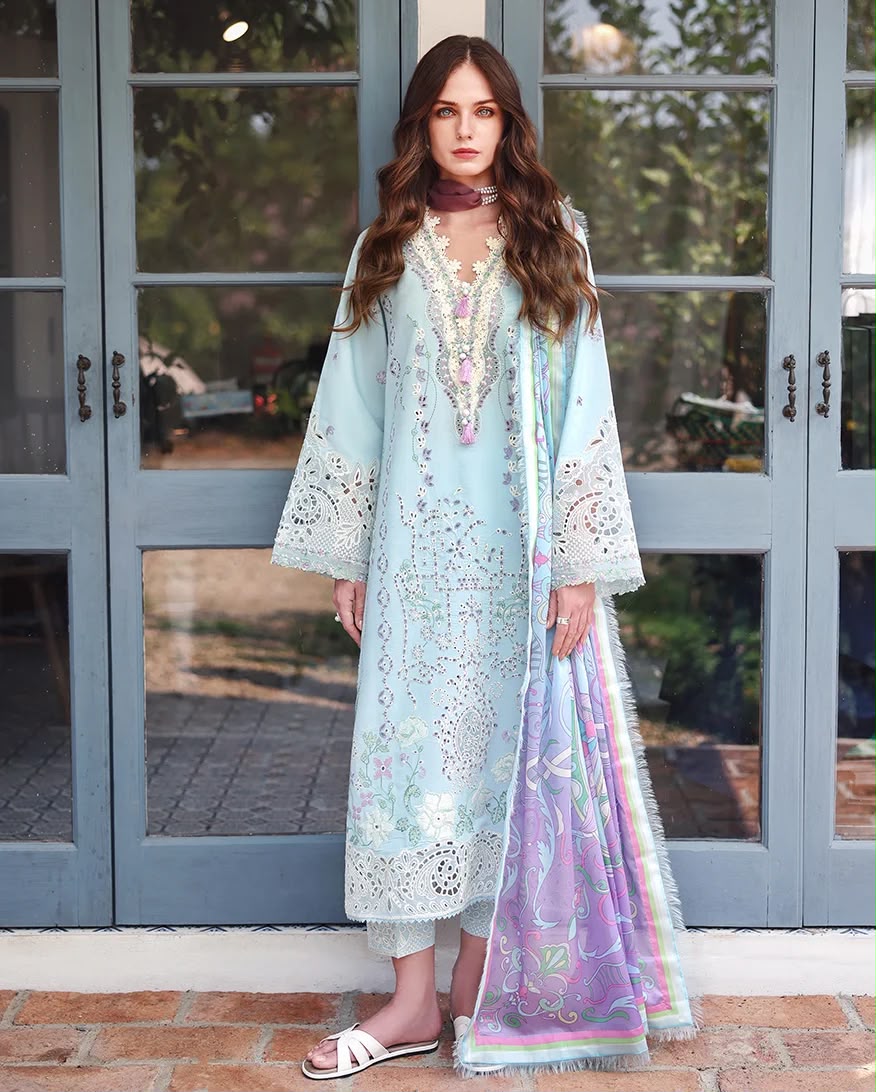 Dhanak 3-Piece Heavy Chikankari Multi Thread Embroidered Unstitched Suit with Printed Woolen Shawl – Sky Blue