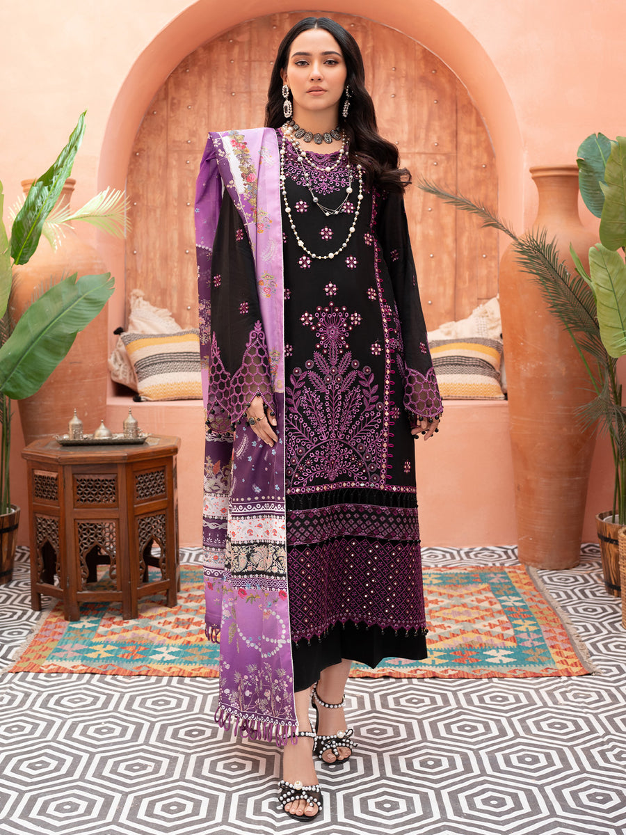Dhanak 3-Piece Heavy Embroidered Unstitched Suit with Digital Printed Wool Shawl – Black & Purple