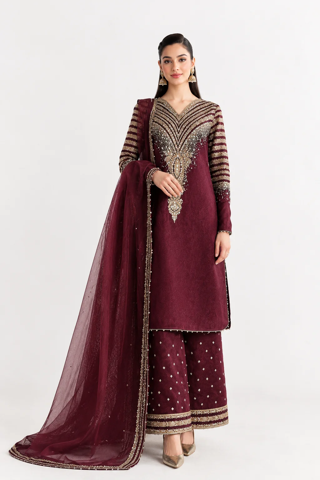 Dhanak 3-Piece Heavy Sequence Embroidered Unstitched Suit with Shawl – Code 2008 Maroon