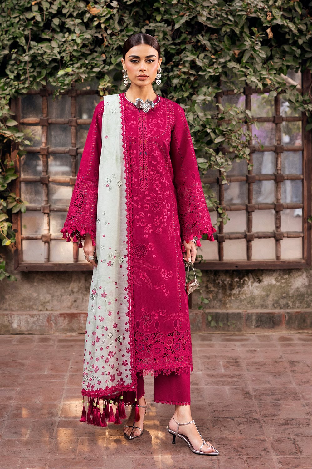Dhanak 3-Piece Heavy Thread Embroidered Unstitched Suit with Digital Printed Woolen Shawl – Magenta