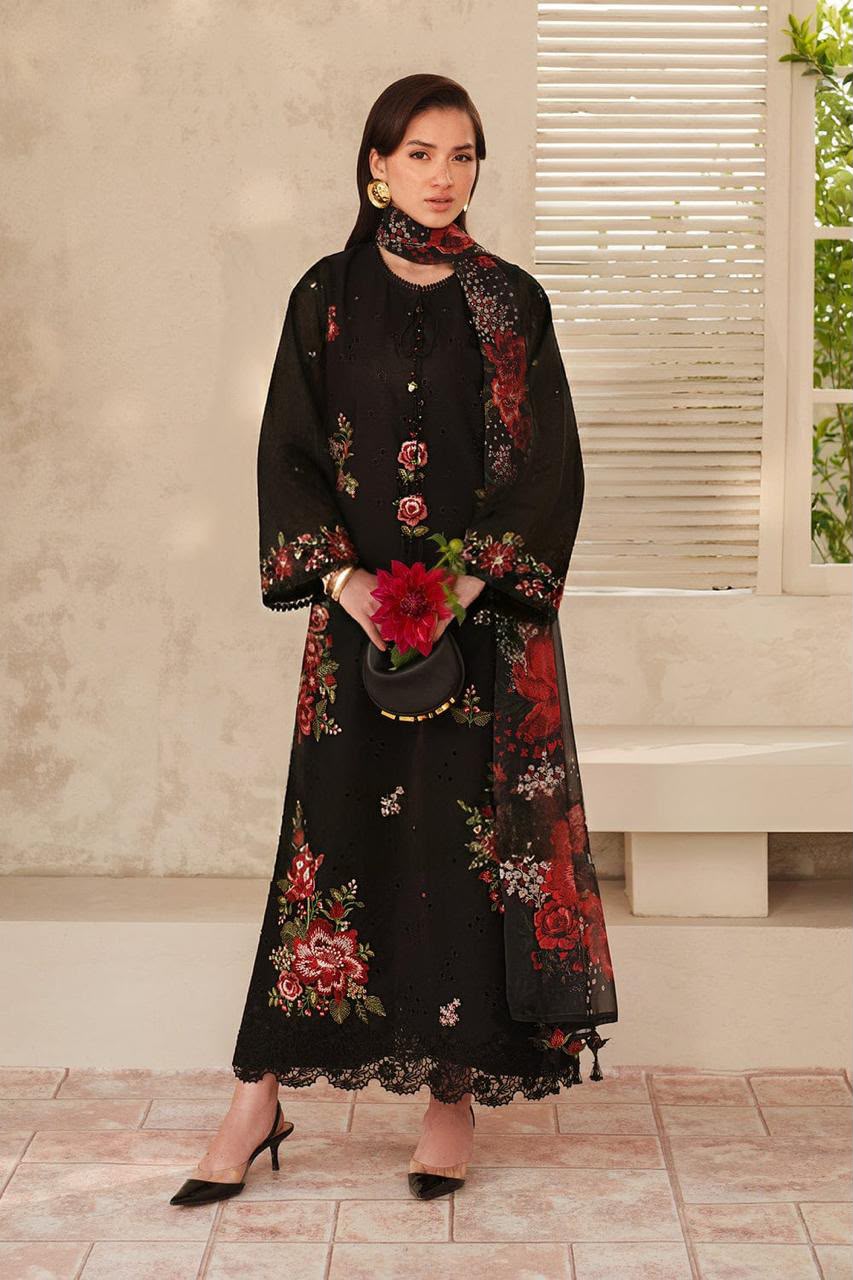 Dhanak 5504 Embroidered 3-Piece Unstitched Suit with Embroidery Patch and Digital Printed Wool Shawl – Black