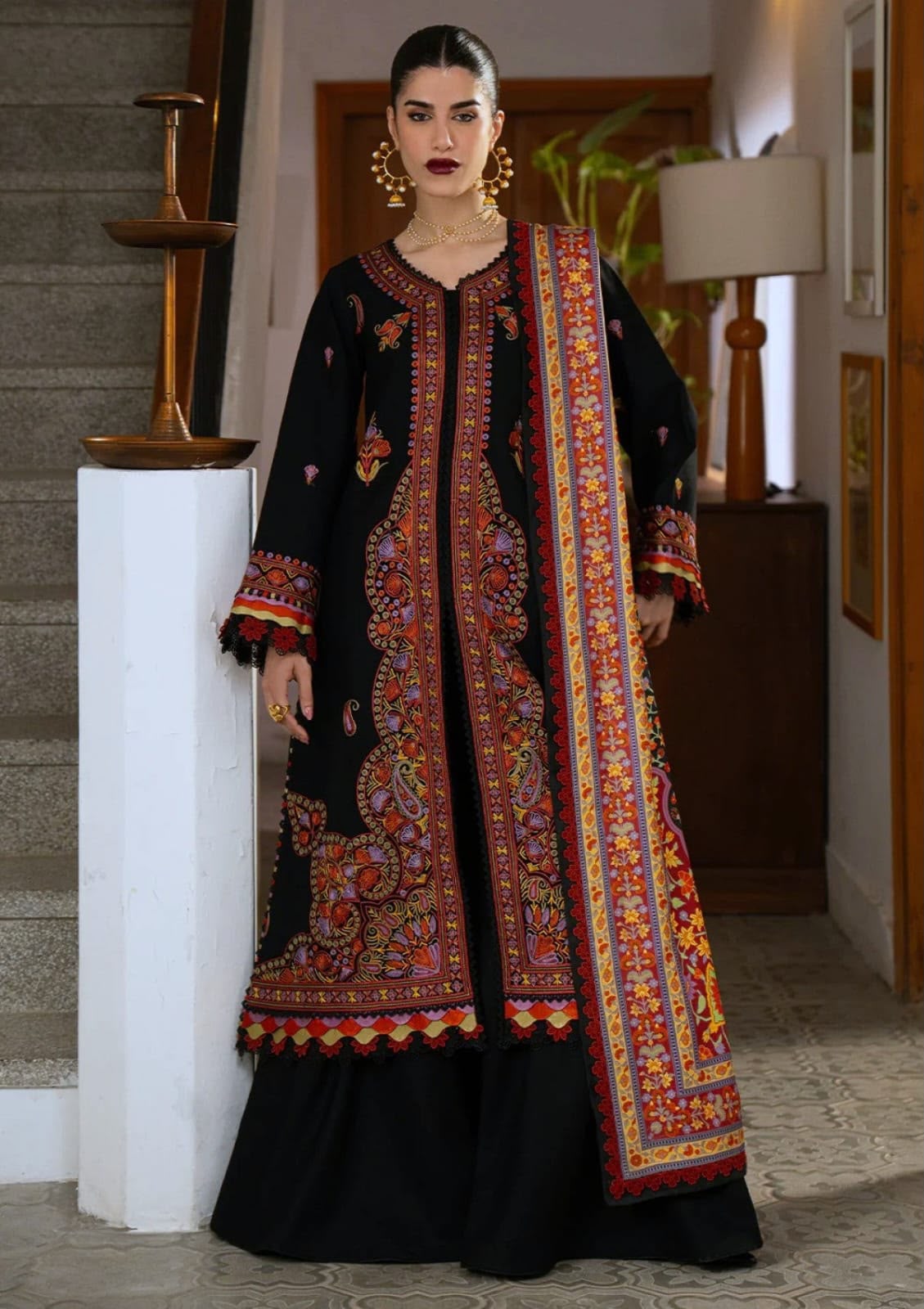 Dhanak 5549 Winter Collection 2026 Embroidered 3-Piece Unstitched Suit with Embroidery Patch and Digital Printed Wool Shawl – Black