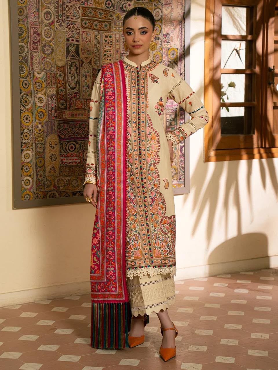 Dhanak 5549 Winter Collection 2026 Embroidered 3-Piece Unstitched Suit with Embroidery Patch and Digital Printed Wool Shawl – Cream
