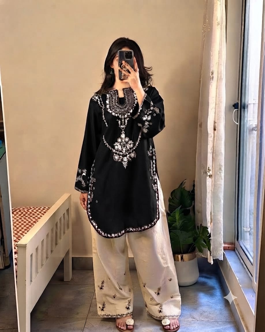 Dhanak Embroidered 2-Piece Unstitched Suit – Black Yoke Embroidered Shirt with Cream Trouser