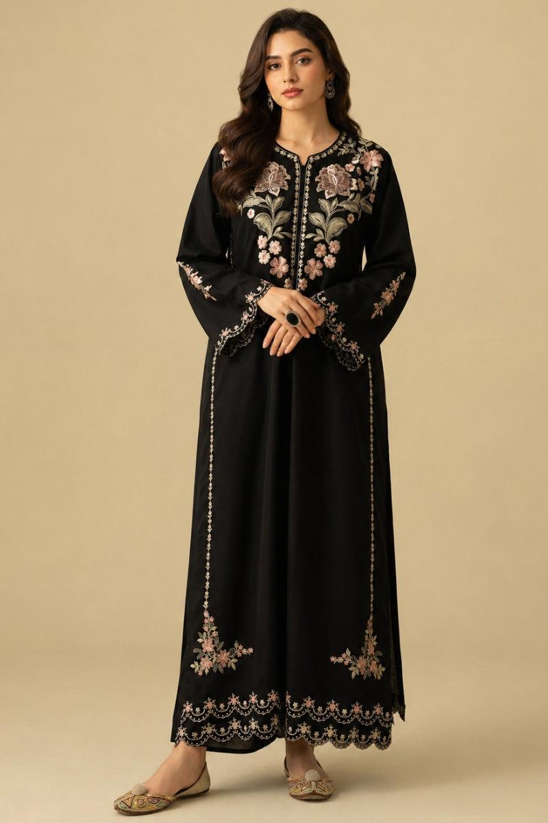 Dhanak Embroidered 2-Piece Unstitched Suit – Black Floral Long Shirt