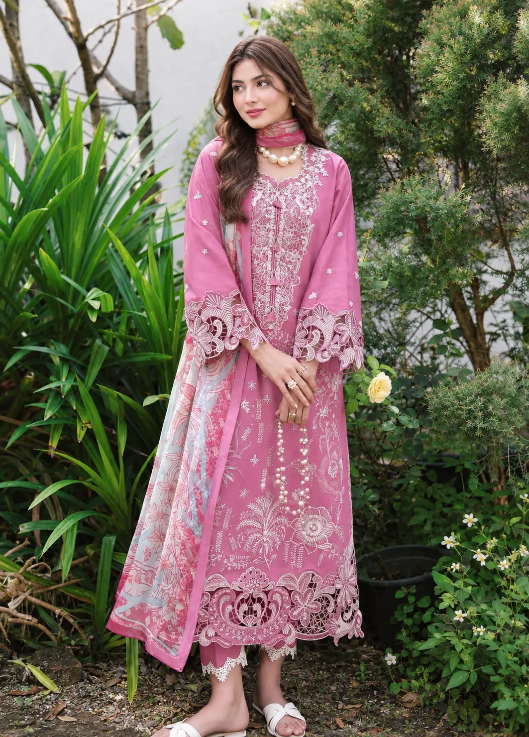 Dhanak Heavy Embroidered 3-Piece Unstitched Suit with Luxury Neckline Patch and Printed Shawl – Pink & Green