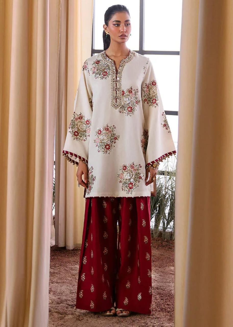 Dhanak Embroidered 2-Piece Unstitched Suit – Ivory Shirt with Maroon Trouser