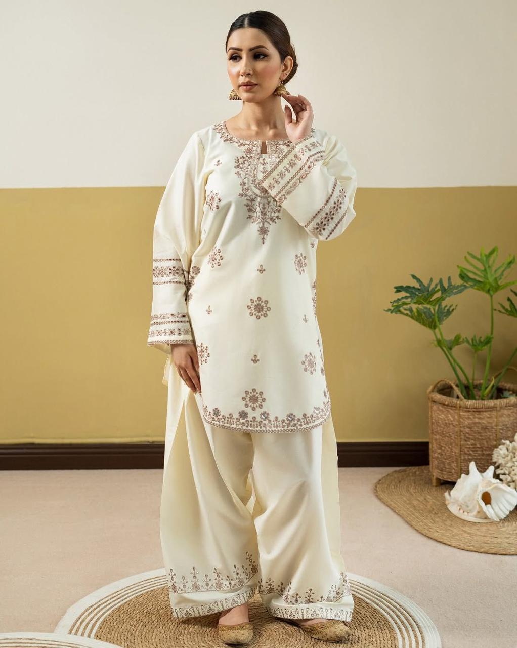 Dhanak Embroidered 2-Piece Unstitched Suit – Ivory Medallion Threadwork