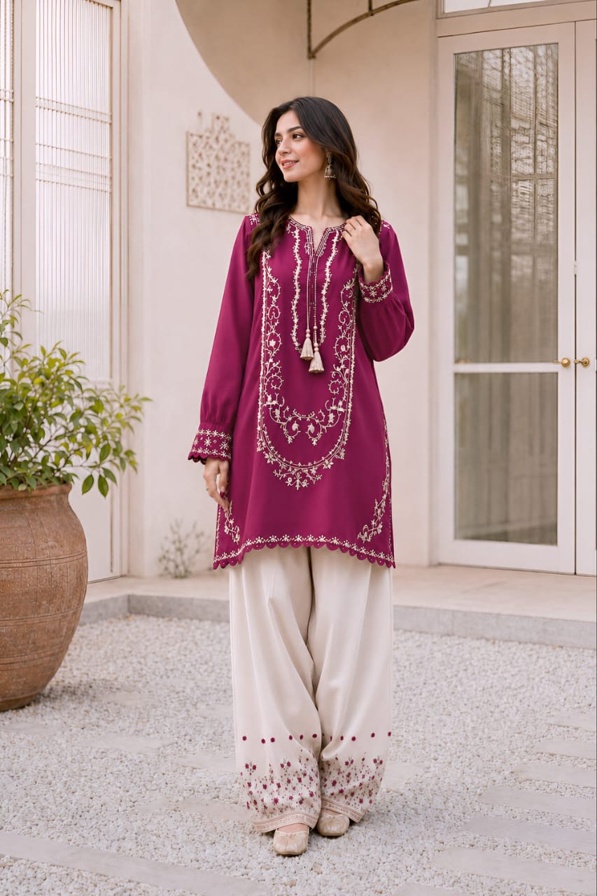 Dhanak Embroidered 2-Piece Unstitched Suit – Magenta Shirt with Cream Trouser