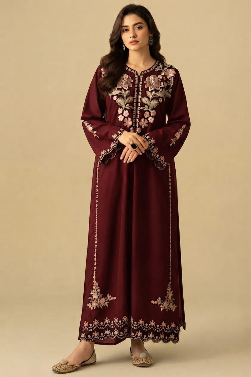 Dhanak Embroidered 2-Piece Unstitched Suit – Maroon Floral Long Shirt