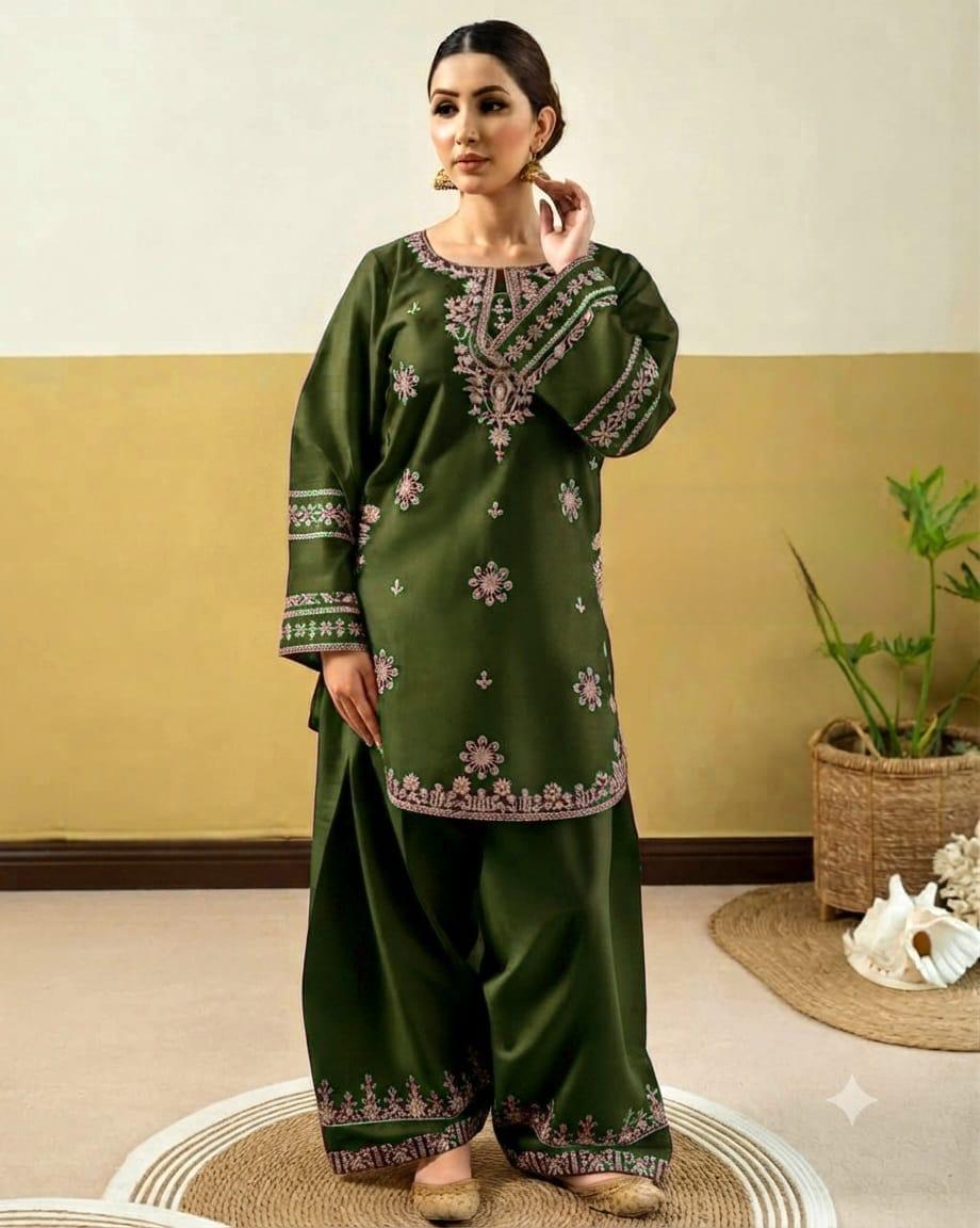 Dhanak Embroidered 2-Piece Unstitched Suit – Olive Green Medallion Threadwork