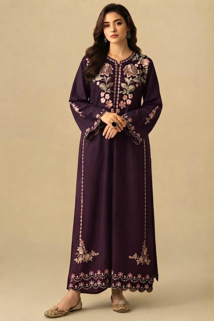 Dhanak Embroidered 2-Piece Unstitched Suit – Plum Floral Long Shirt