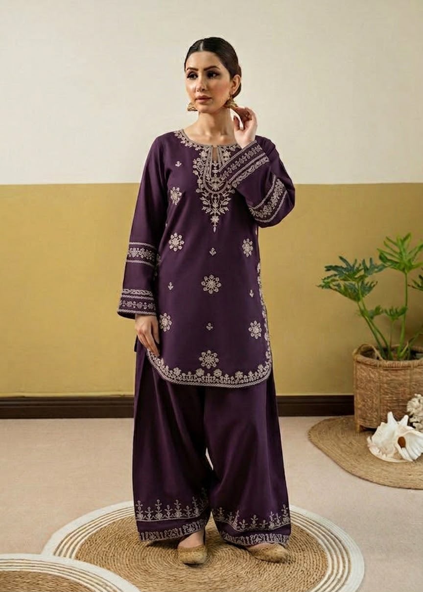 Dhanak Embroidered 2-Piece Unstitched Suit – Purple Medallion Threadwork