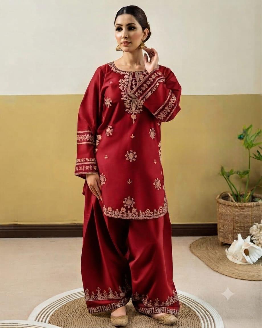 Dhanak Embroidered 2-Piece Unstitched Suit – Red Medallion Threadwork