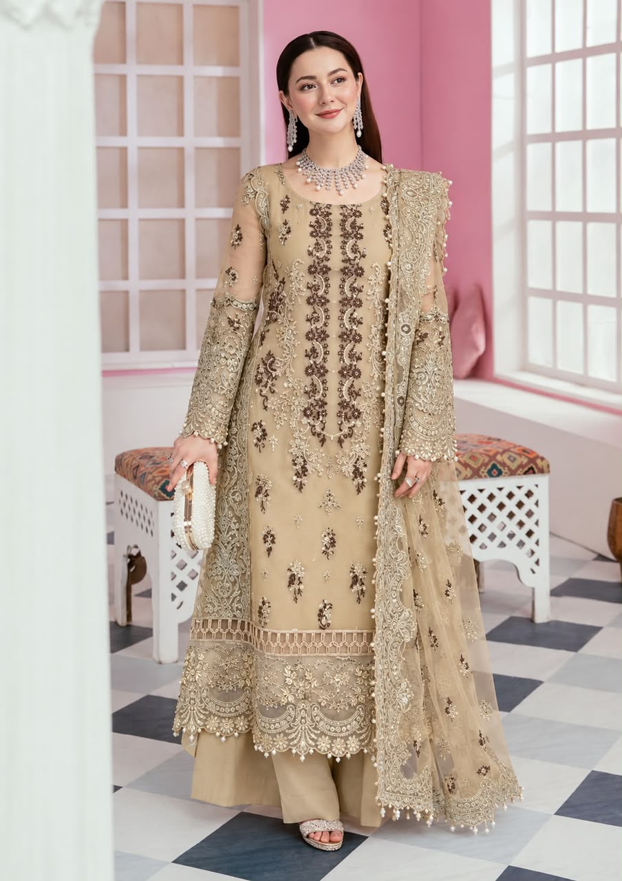 Elaf Bridal Embroidered Elegance Luxury Collection Organza and Malai Stone and Pearl Embroidered 3-Piece Unstitched Suit – Golden Beige (view 2)