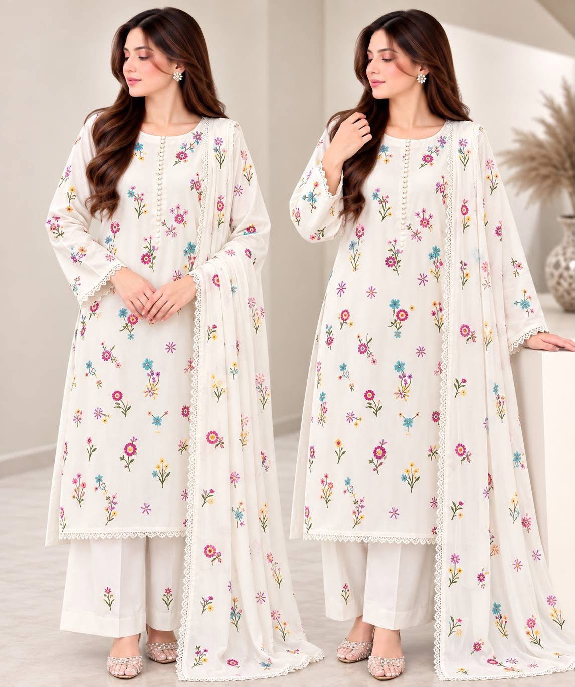 Elegance Shanak Indian Booti Winter Dhanak 3-Piece Embroidered Suit with Ready-to-Wear Shawl – Ivory & Lilac
