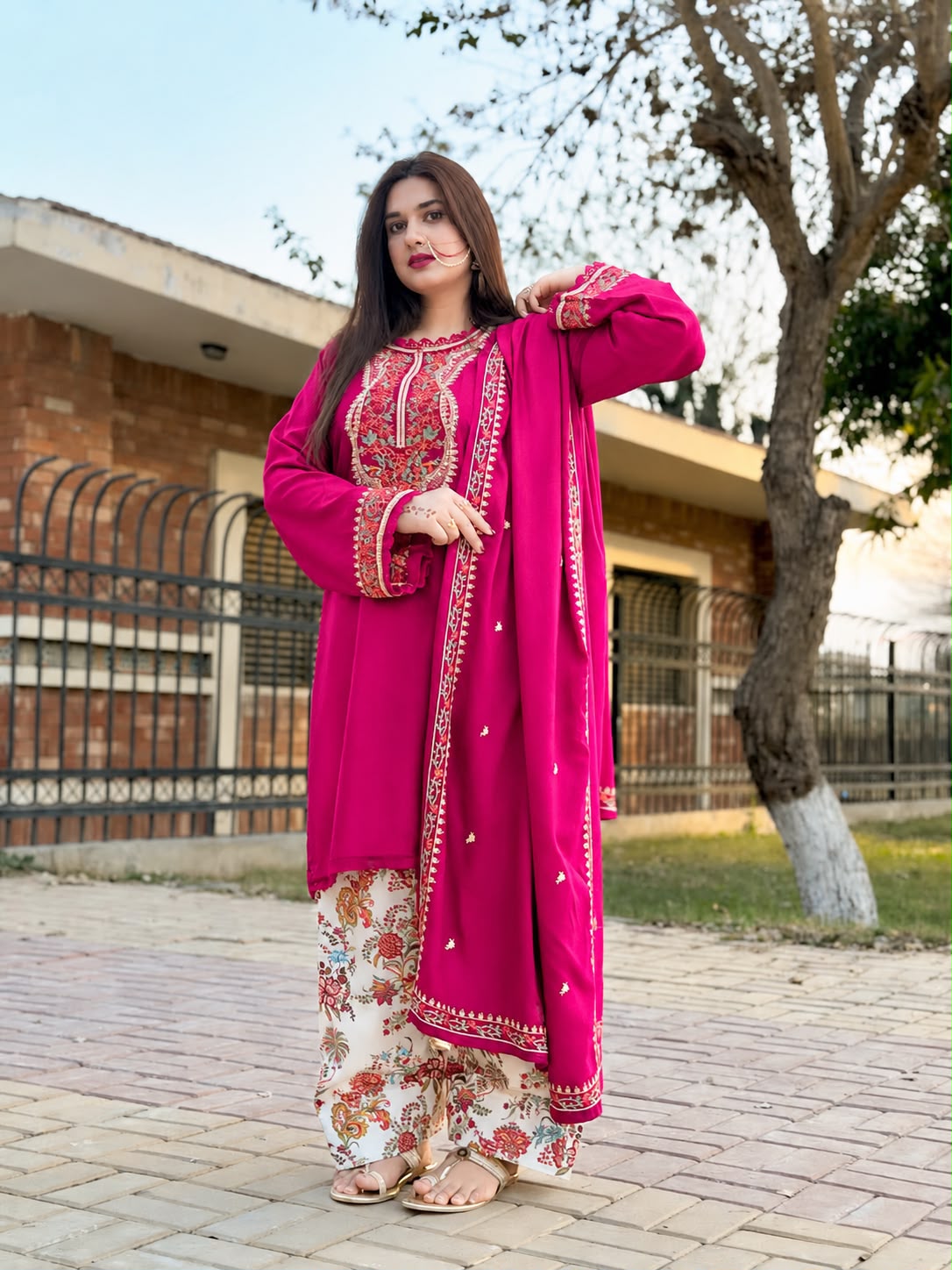 Embroidered 3-Piece Suit – Bottle Green & Pink