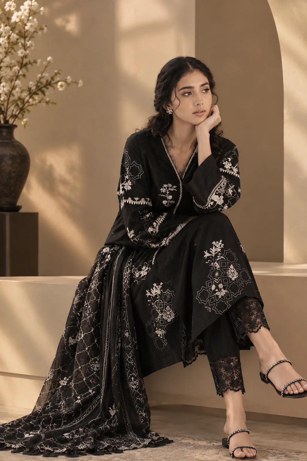 Embroidered 3-Piece Suit with Printed Dupatta – Black