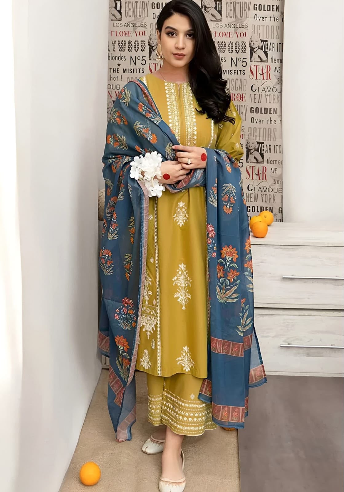 Embroidered 3-Piece Suit with Printed Dupatta – Mustard Yellow